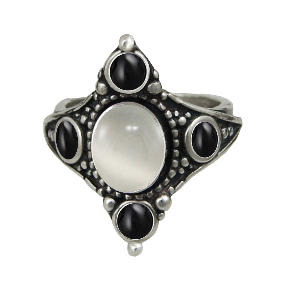 Sterling Silver Renaissance Queen's Ring With White Moonstone And Black Onyx Size 9